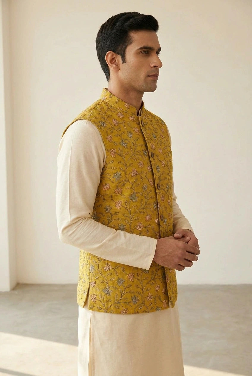 Tussar Silk Nehru Jacket with Self Weave for Reception Evening