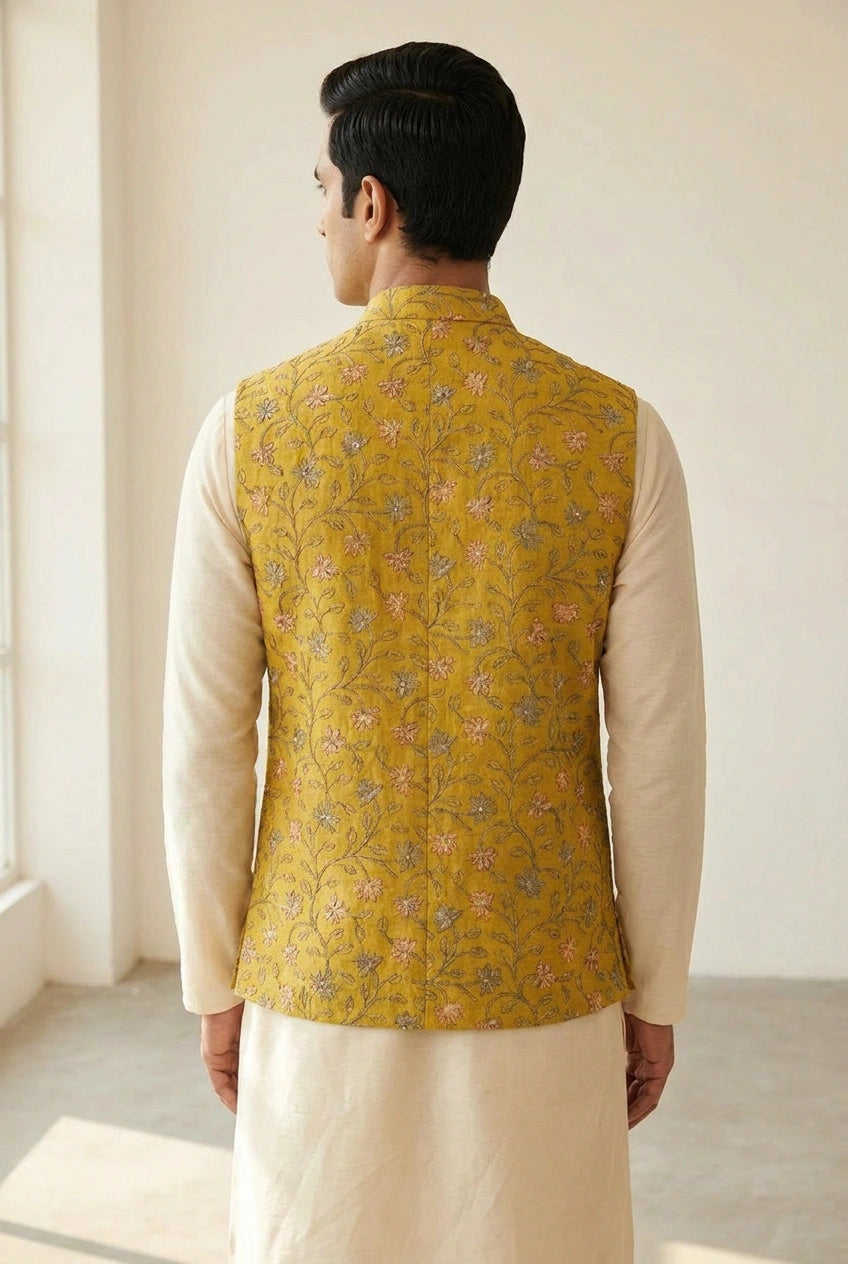 Tussar Silk Nehru Jacket with Self Weave for Reception Evening
