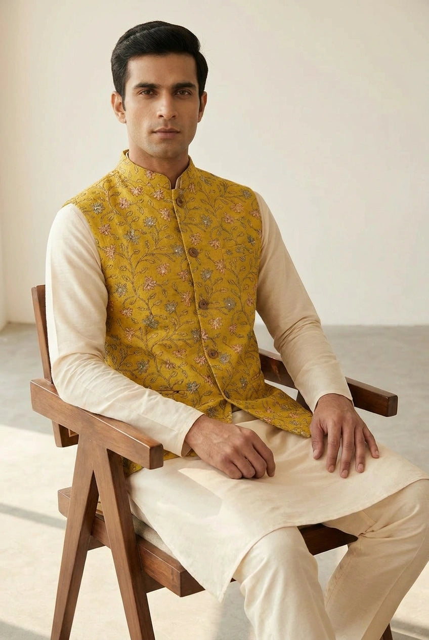Tussar Silk Nehru Jacket with Self Weave for Reception Evening