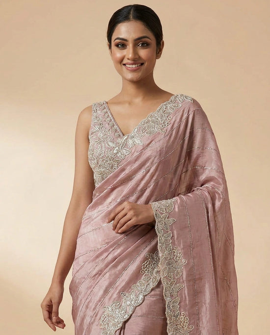 Chinon Embroidered Saree with Intricate Border - Rangoli India