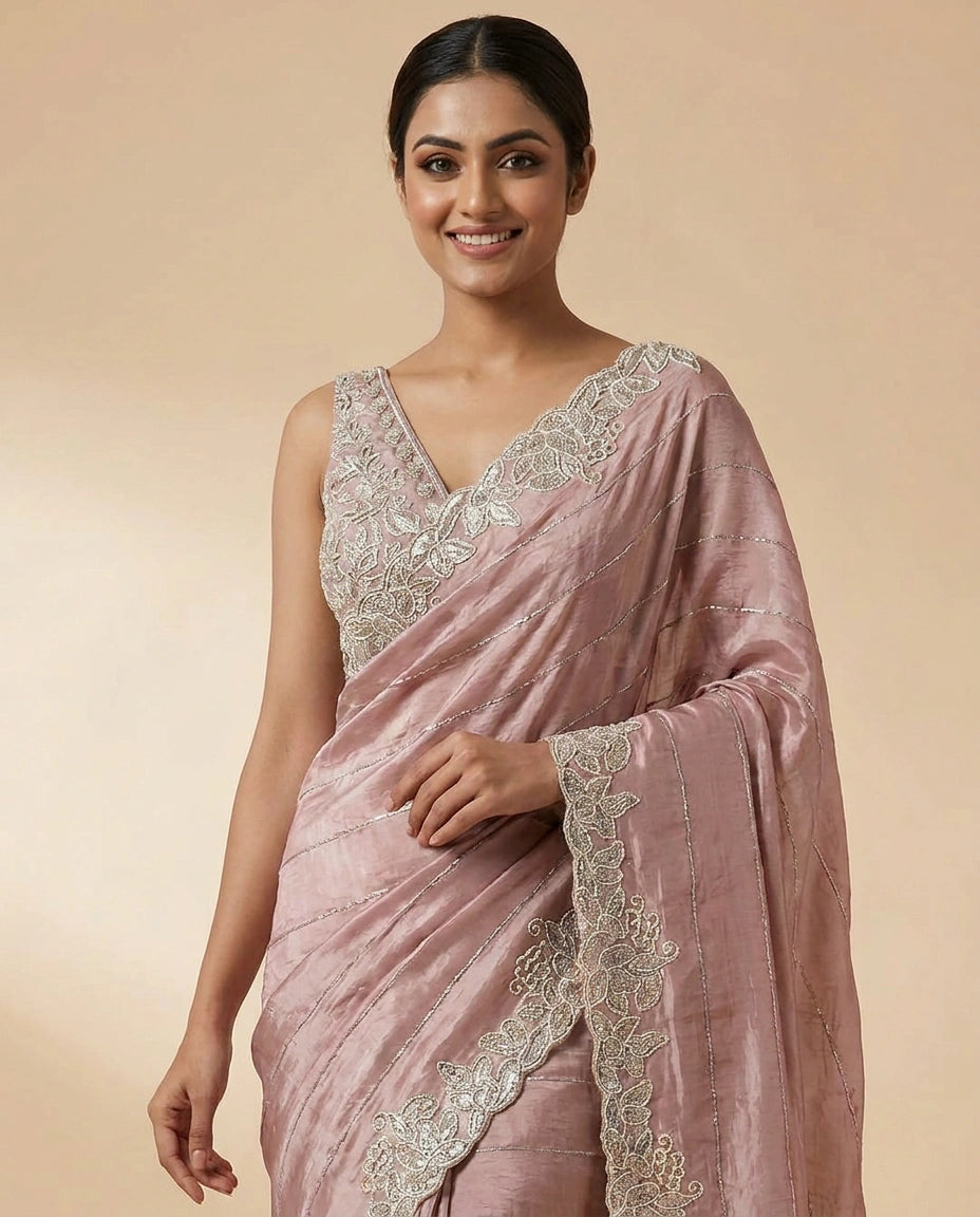 Chinon Embroidered Saree with Intricate Border - Rangoli India