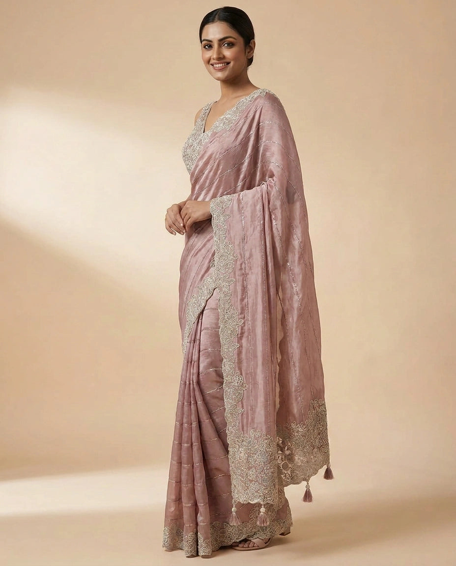 Chinon Embroidered Saree with Intricate Border - Rangoli India