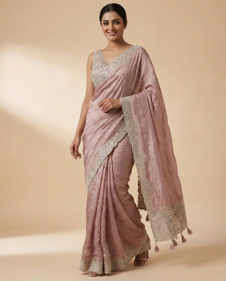 Chinon Embroidered Saree with Intricate Border - Rangoli India