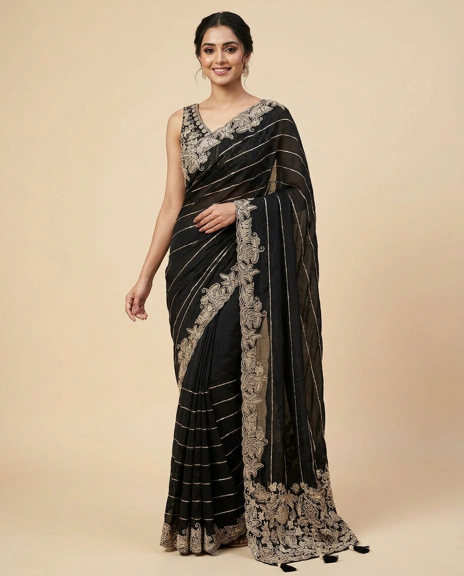 Chinon Embroidered Saree with Intricate Border - Rangoli India