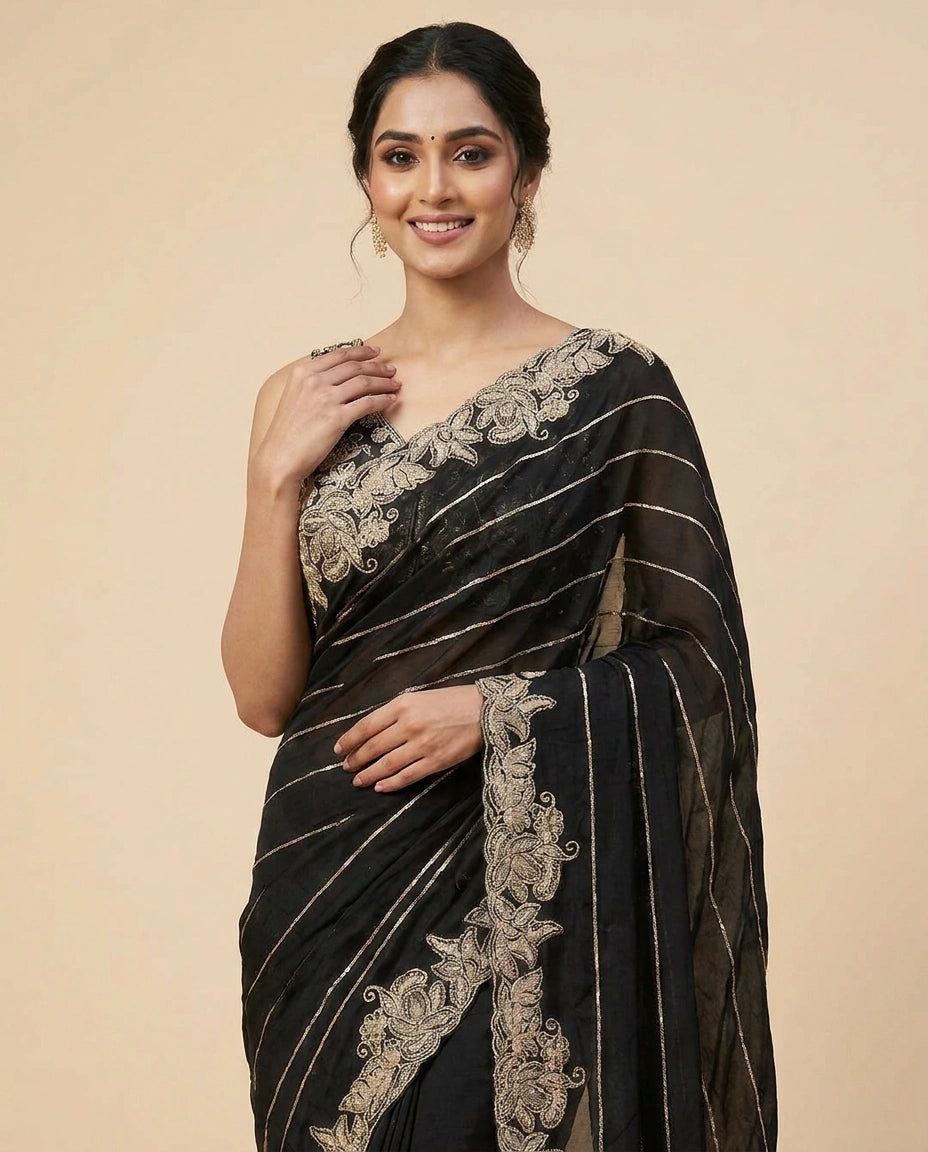 Chinon Embroidered Saree with Intricate Border - Rangoli India