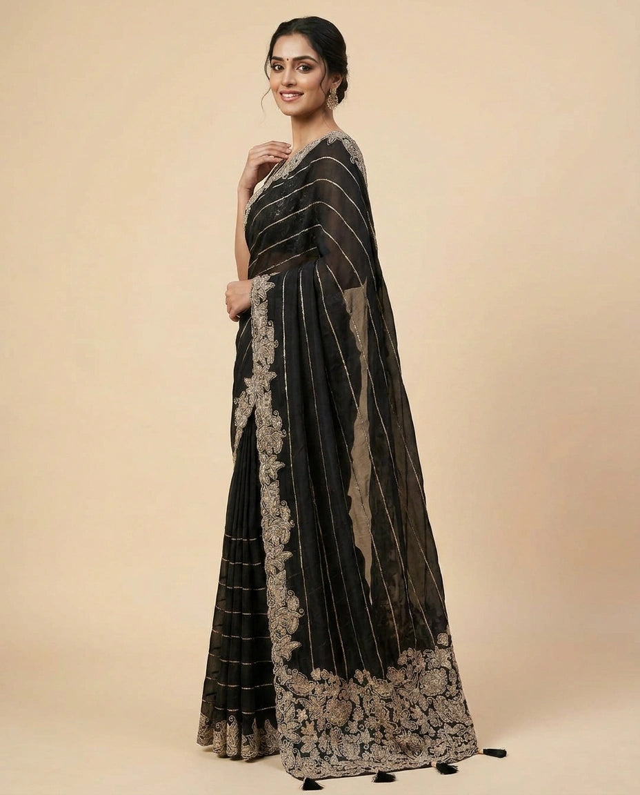 Chinon Embroidered Saree with Intricate Border - Rangoli India