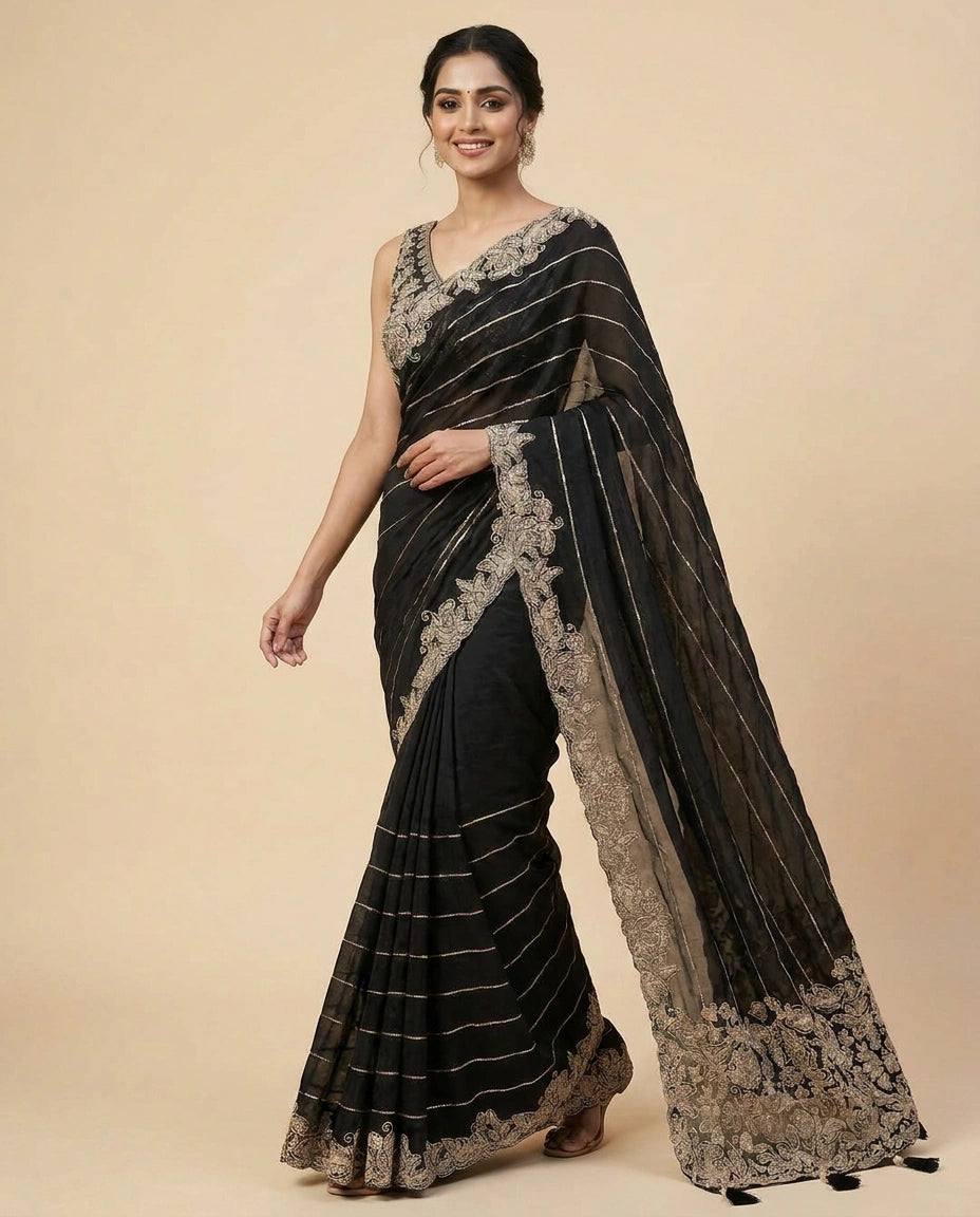 Chinon Embroidered Saree with Intricate Border - Rangoli India
