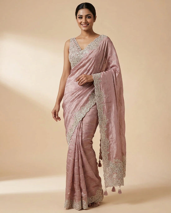 Chinon Embroidered Saree with Intricate Border - Rangoli India