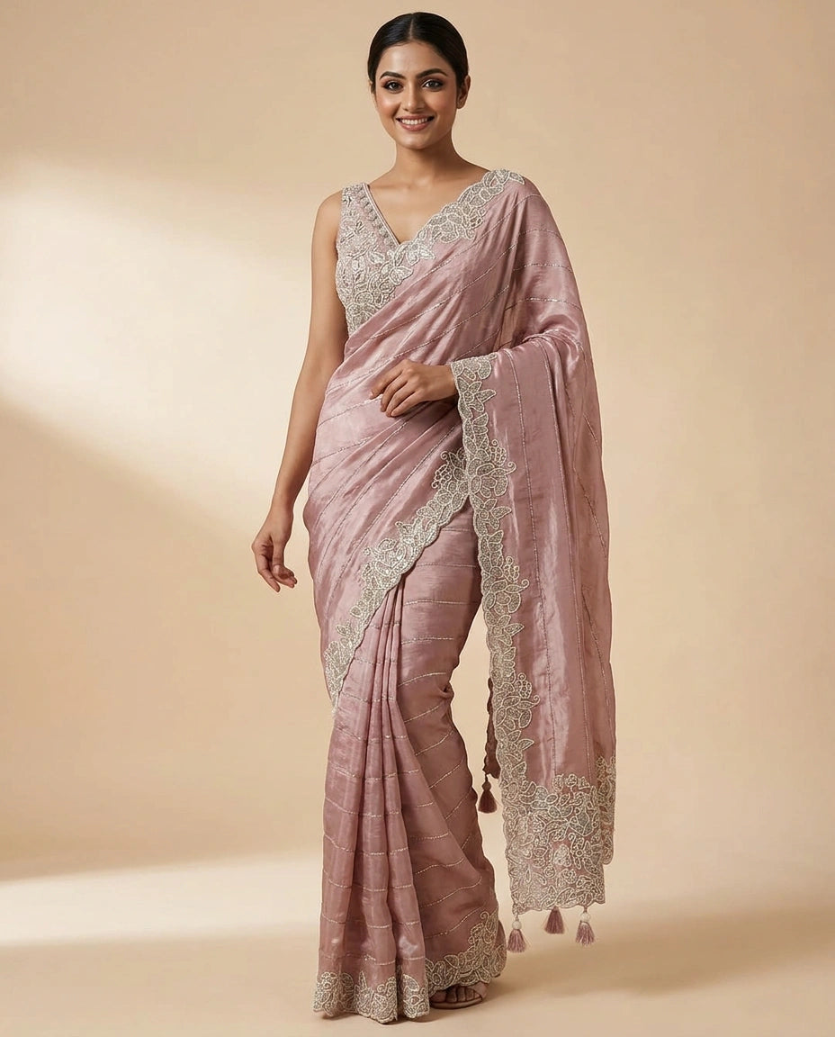 Chinon Embroidered Saree with Intricate Border - Rangoli India