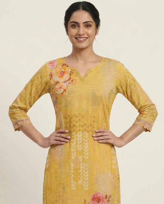 Yellow Straight Kurti in Chinon - Rangoli India