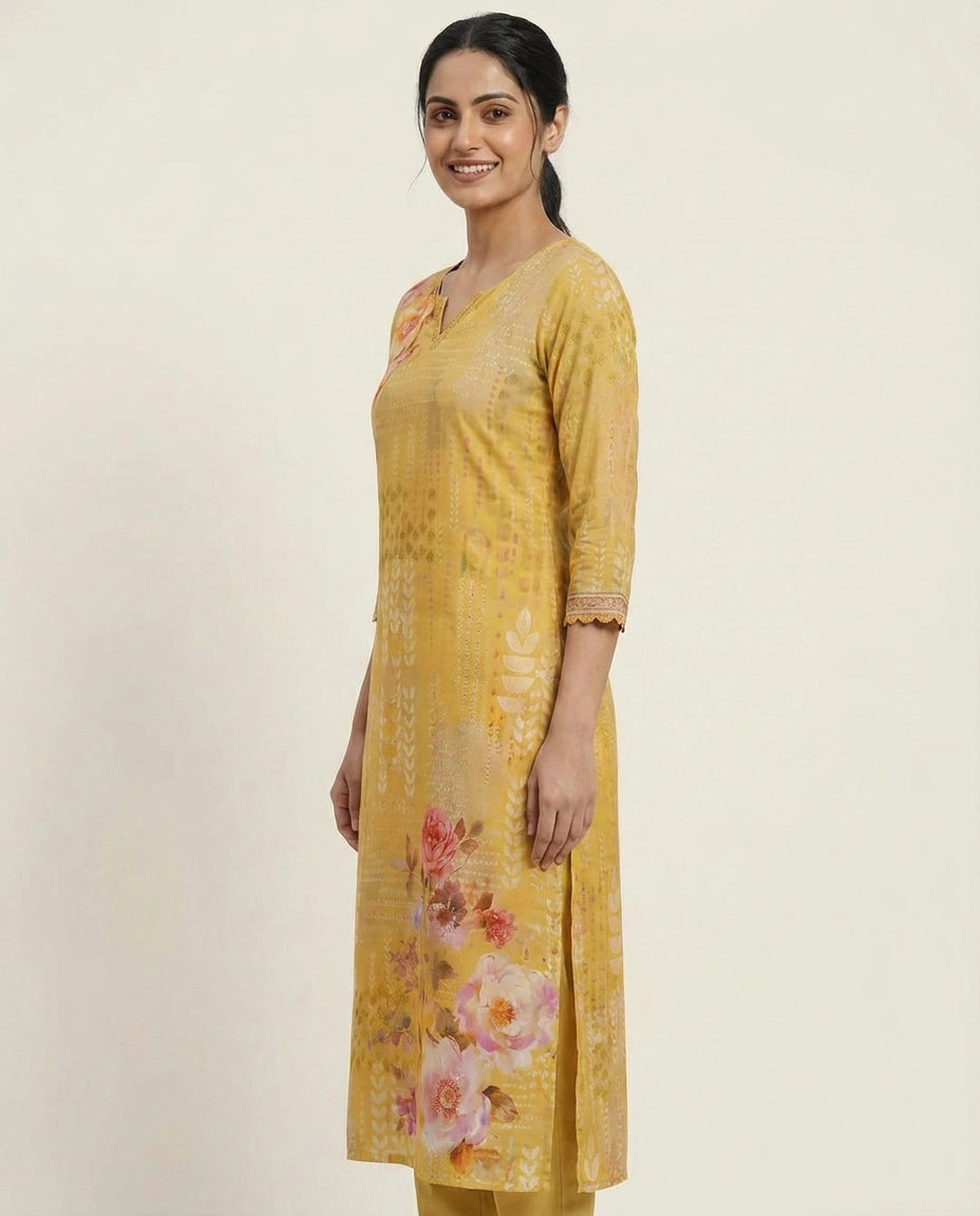 Yellow Straight Kurti in Chinon - Rangoli India