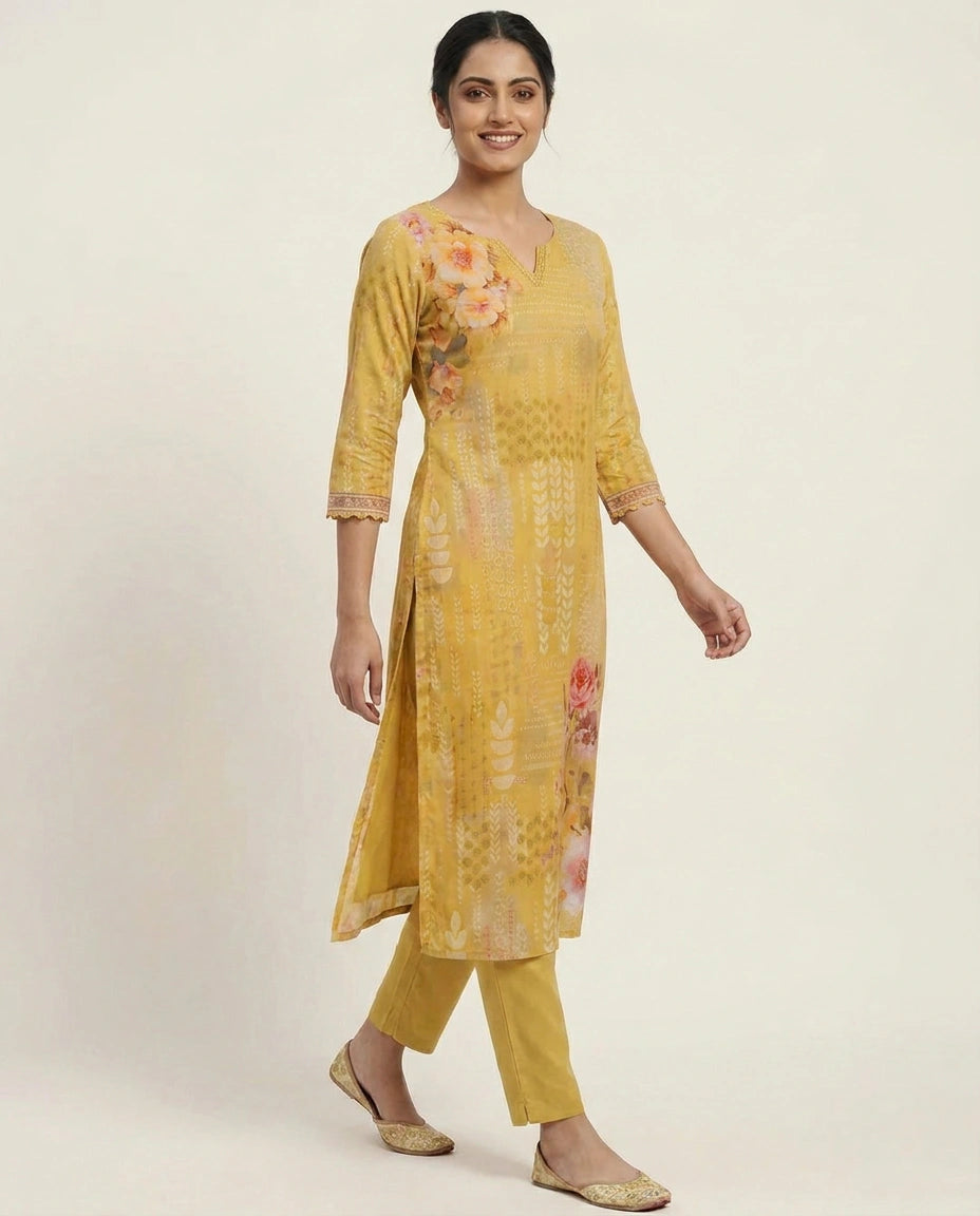 Yellow Straight Kurti in Chinon - Rangoli India