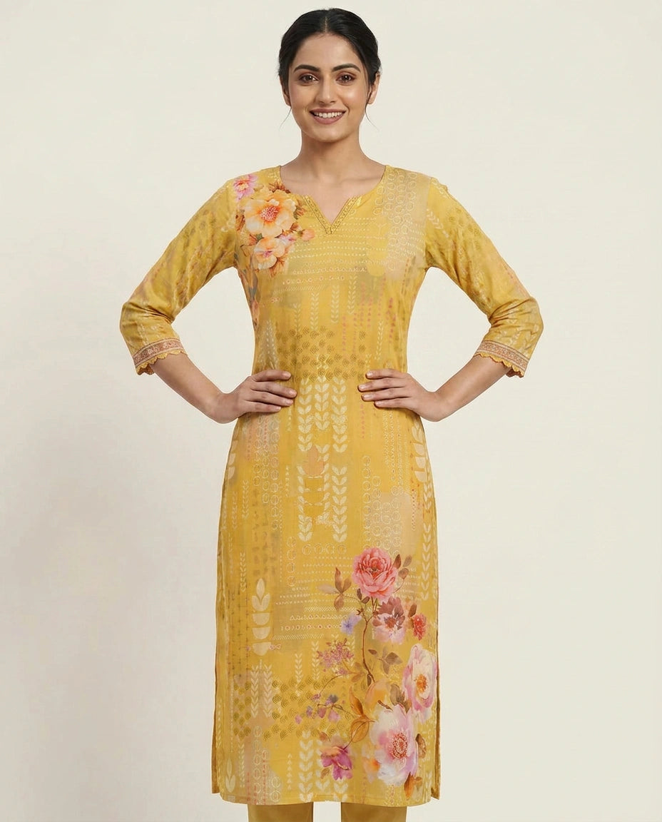 Yellow Straight Kurti in Chinon - Rangoli India
