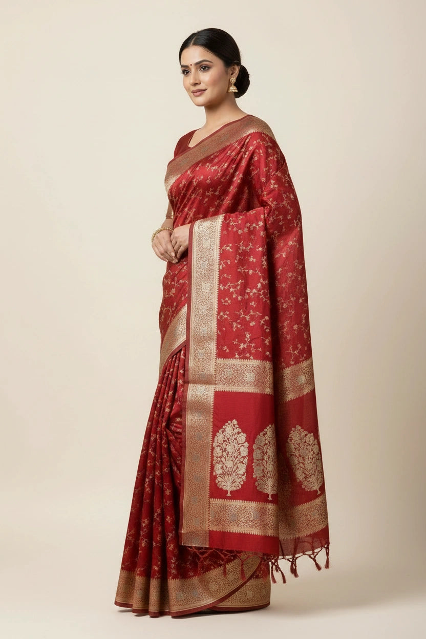 Woman wearing a red saree with gold patterns on a beige background