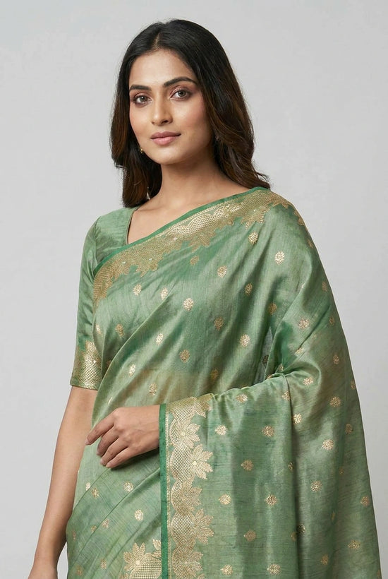 Firozi Blue Banarasi Tussar Silk Saree with Gold Zari Buti and Floral Border - Rangoli India