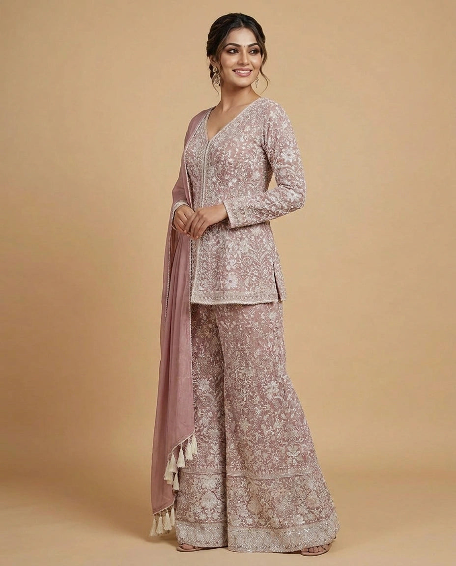 Georgette Long Choli Palazzo Set for Women - Festive Wear