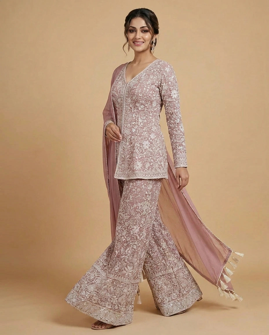 Georgette Long Choli Palazzo Set for Women - Festive Wear