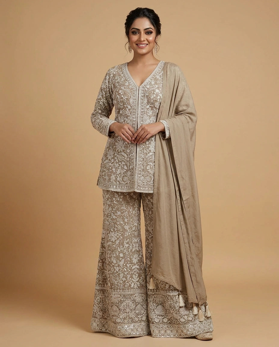 Georgette Long Choli Palazzo Set for Women - Festive Wear