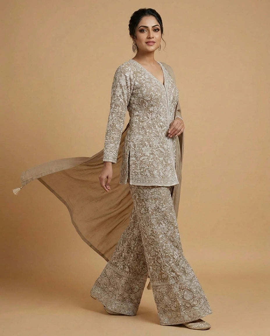 Georgette Long Choli Palazzo Set for Women - Festive Wear