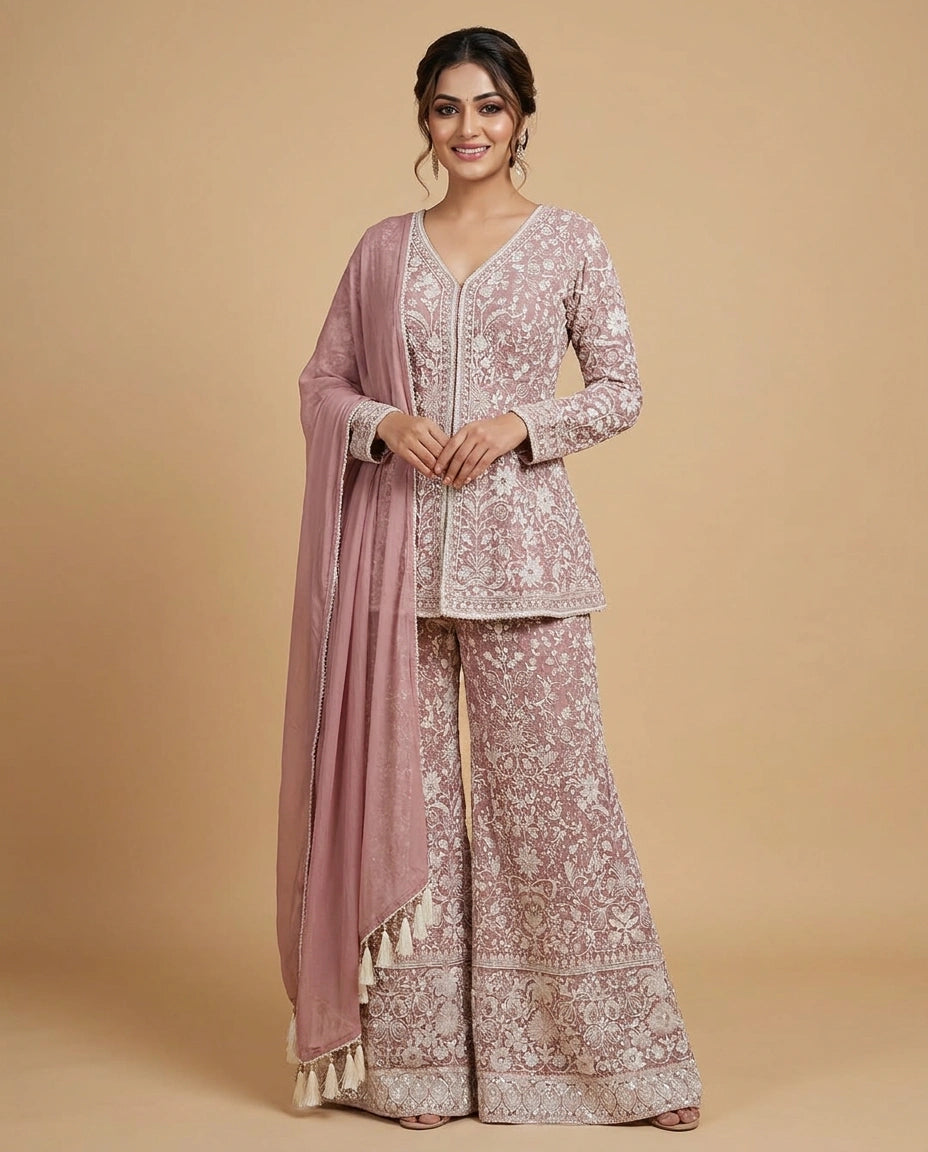 Georgette Long Choli Palazzo Set for Women - Festive Wear