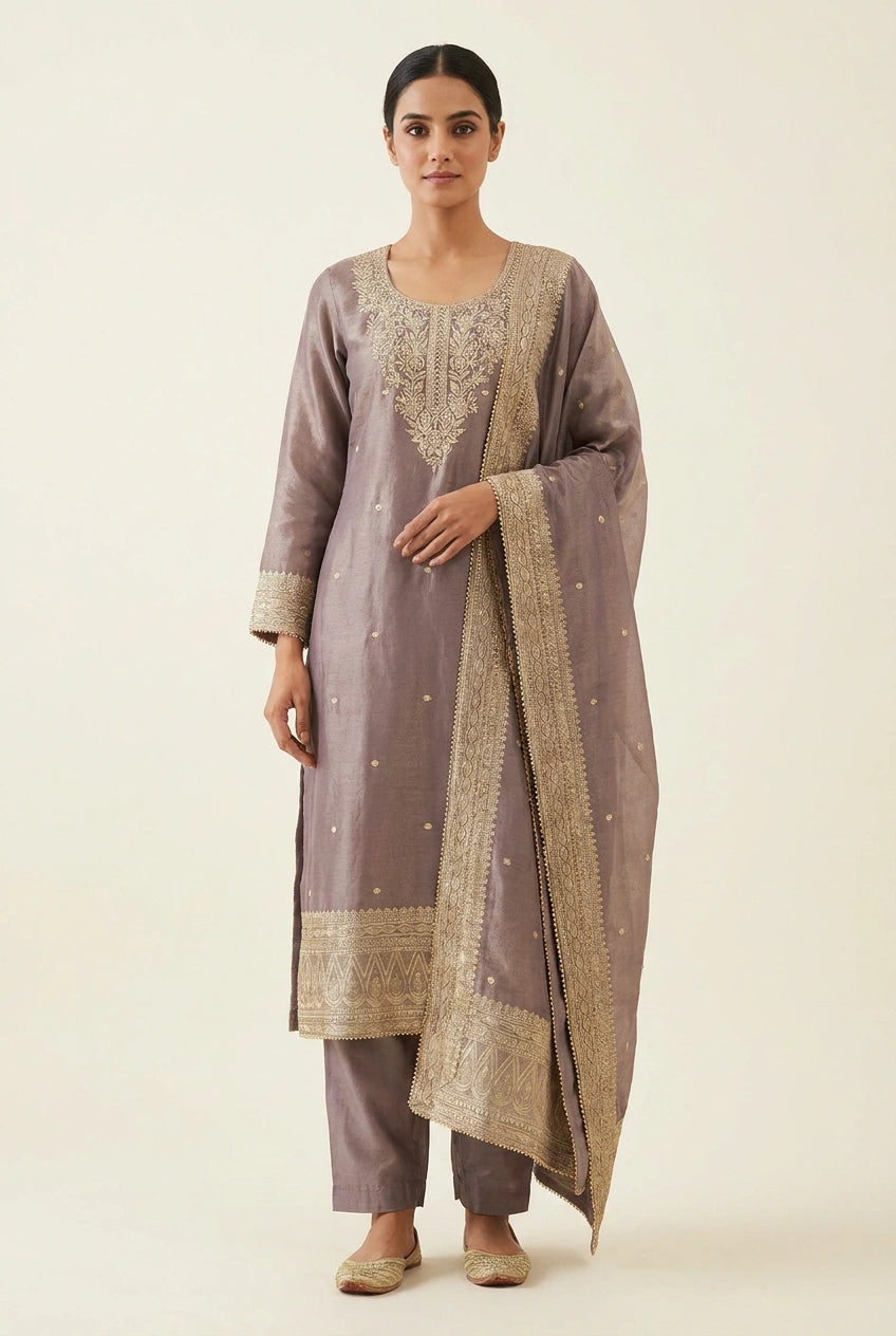 Mauve Tissue Straight Suit with Embroidery for Daily Wear