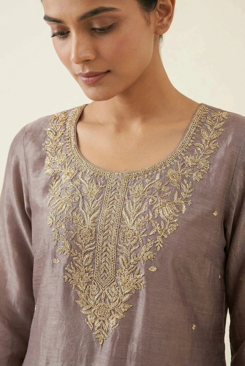 Mauve Tissue Straight Suit with Embroidery for Daily Wear