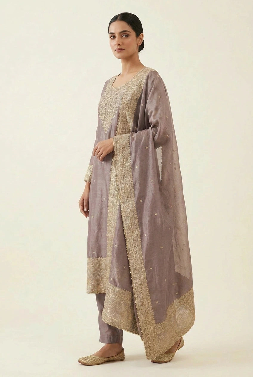 Mauve Tissue Straight Suit with Embroidery for Daily Wear