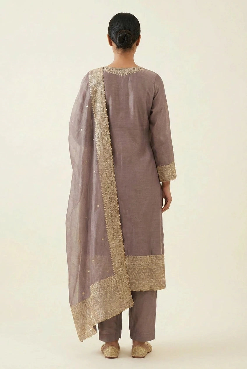 Mauve Tissue Straight Suit with Embroidery for Daily Wear