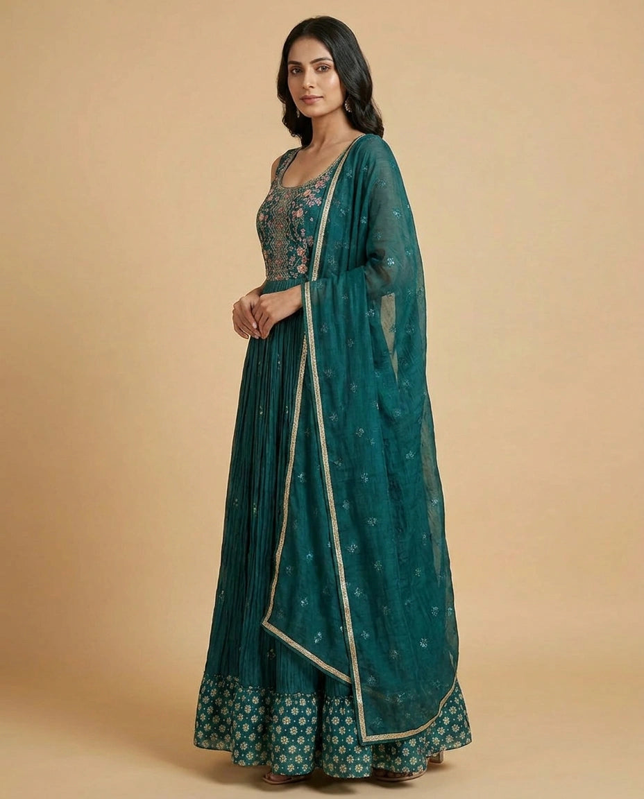Silk Katan Anarkali Suit Gown with Contrast Dupatta Set view 2