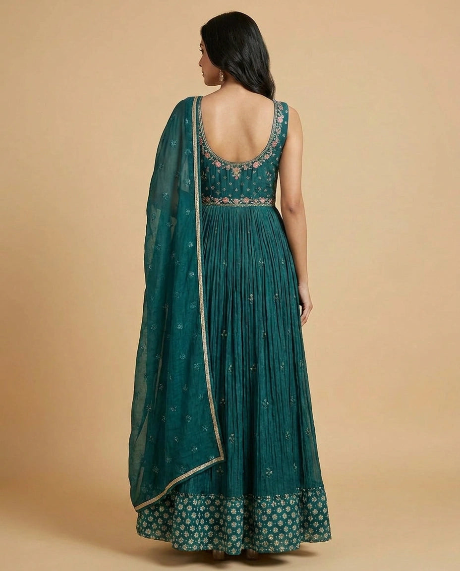 Silk Katan Anarkali Suit Gown with Contrast Dupatta Set view 3