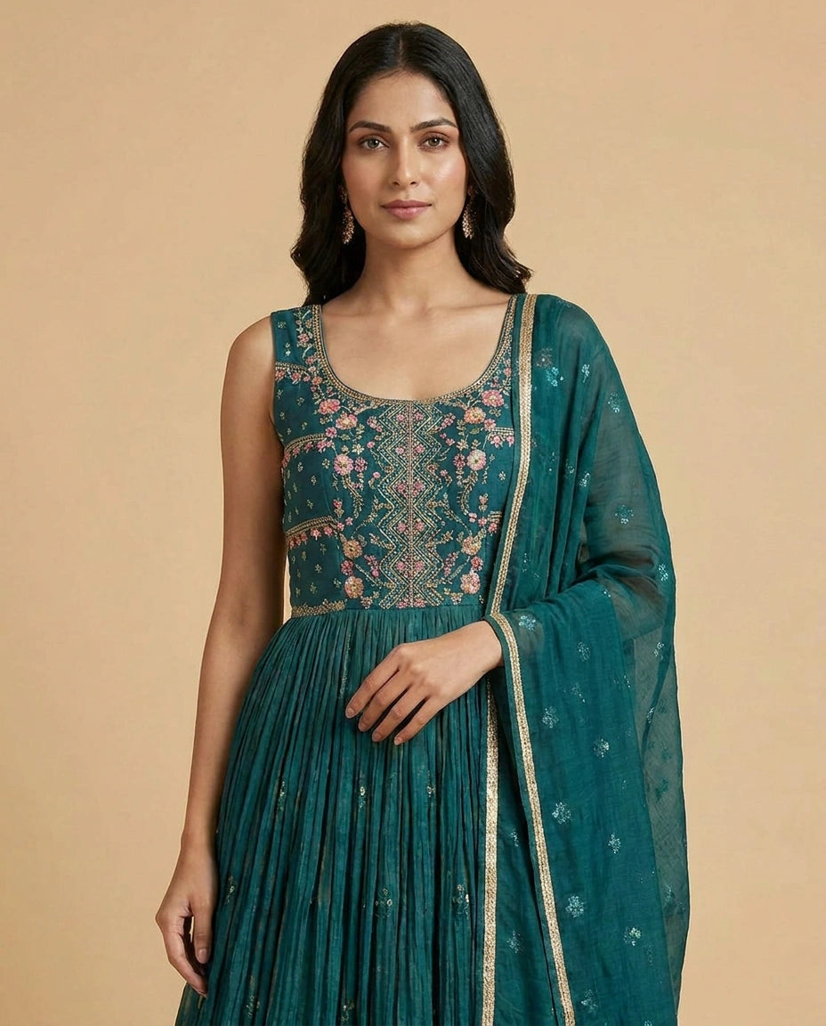 Silk Katan Anarkali Suit Gown with Contrast Dupatta Set view 4