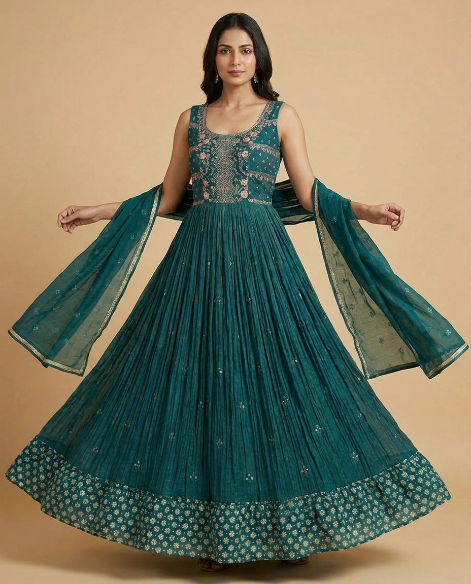 Silk Katan Anarkali Suit Gown with Contrast Dupatta Set view 5
