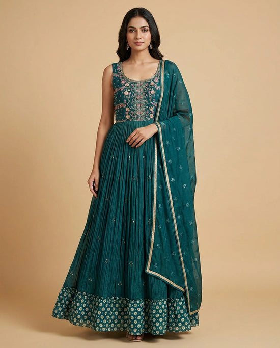 Peacock Blue Silk Katan Anarkali Suit Gown with Contrast Dupatta Set