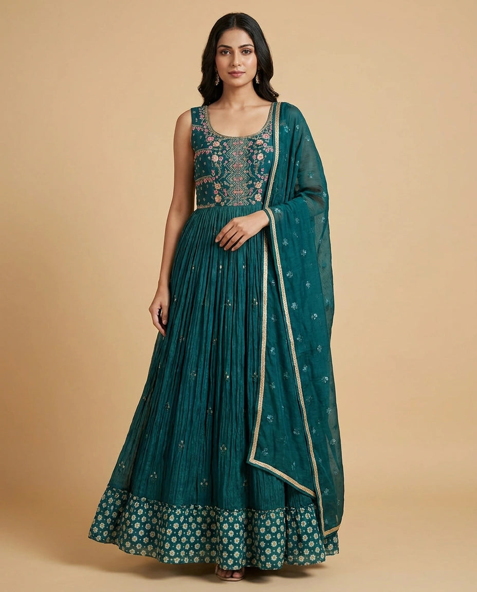 Peacock Blue Silk Katan Anarkali Suit Gown with Contrast Dupatta Set