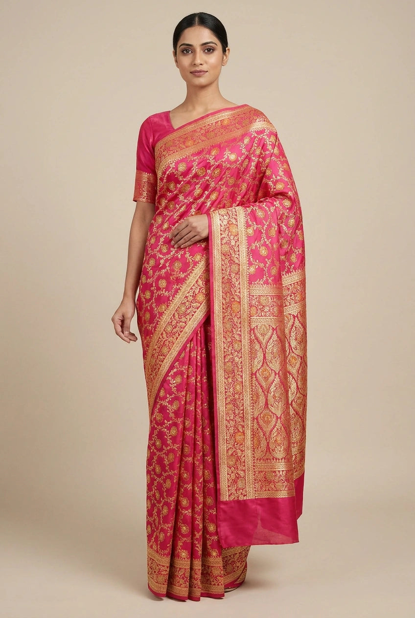 Woman wearing a pink saree with gold patterns on a beige background
