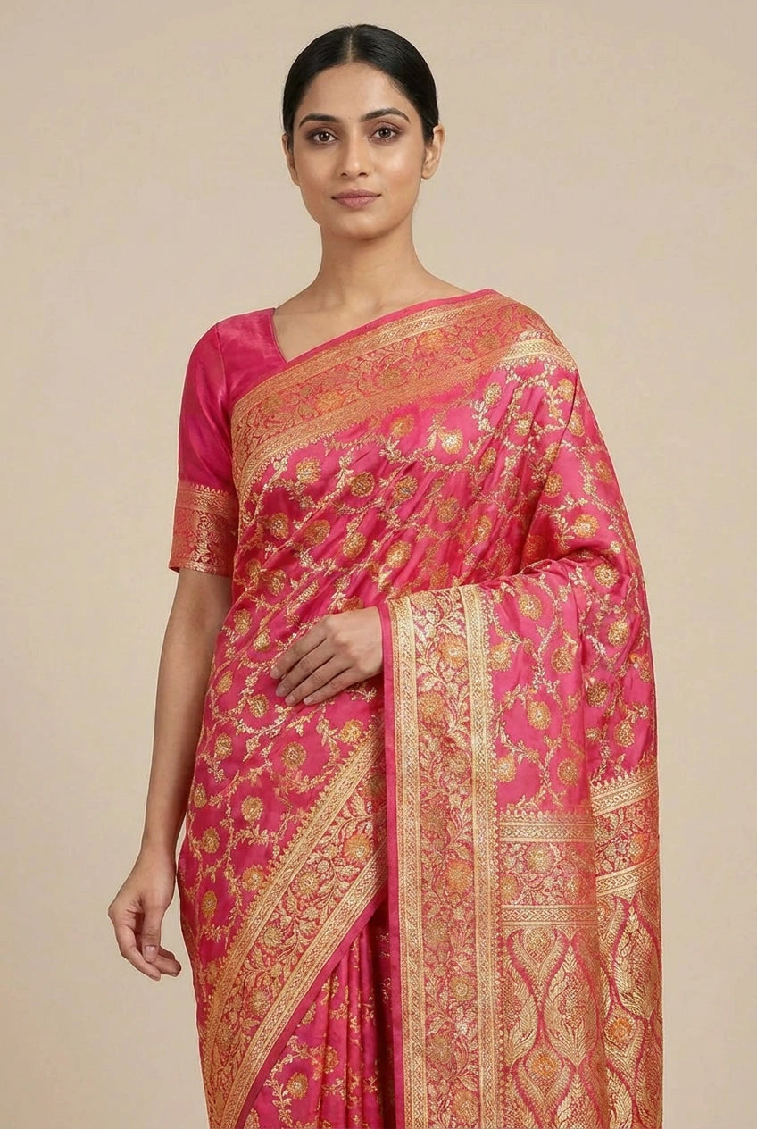 Woman wearing a pink saree with gold patterns on a beige background