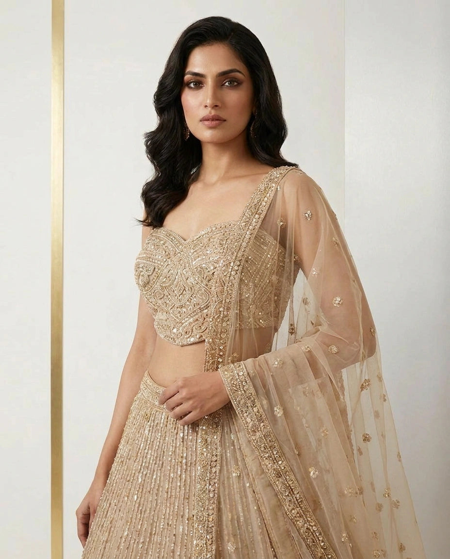 Net Croptop Lehenga with Gota Patti Flared Skirt Online India - Rangoli India