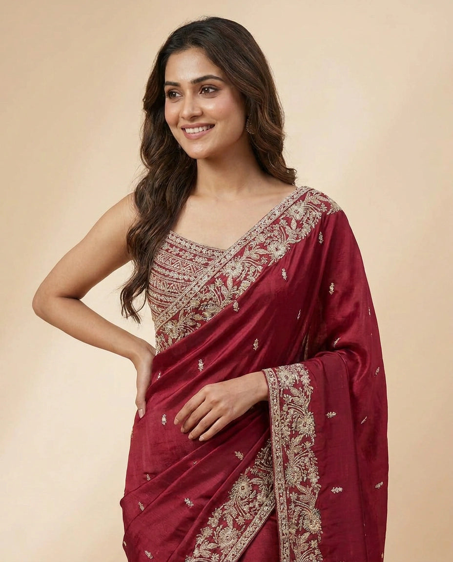 Chinon Embroidered Saree with Scalloped Pallu - Rangoli India