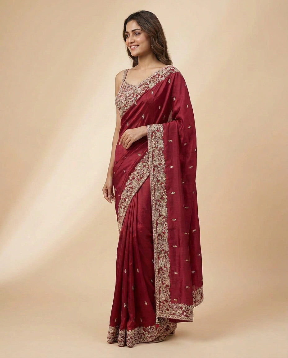 Chinon Embroidered Saree with Scalloped Pallu - Rangoli India