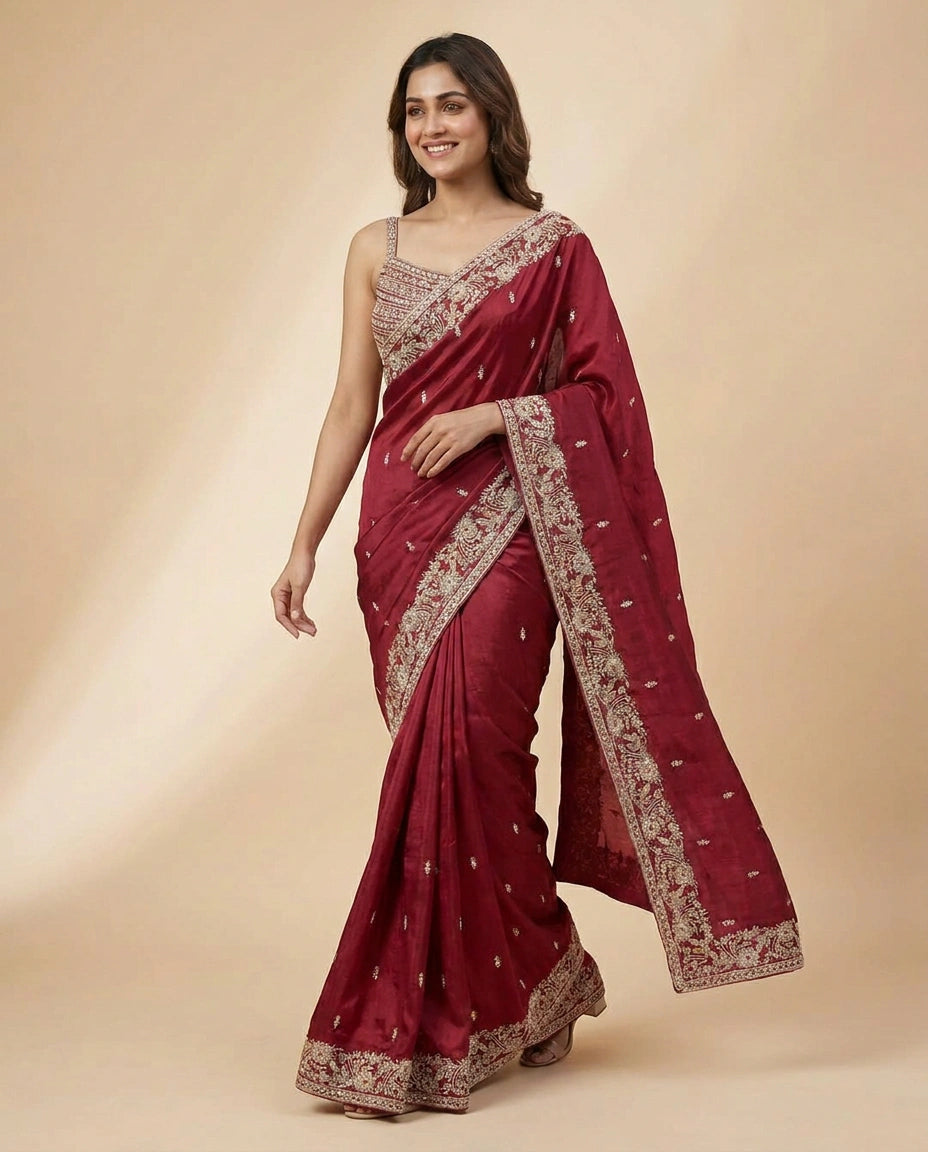 Chinon Embroidered Saree with Scalloped Pallu - Rangoli India