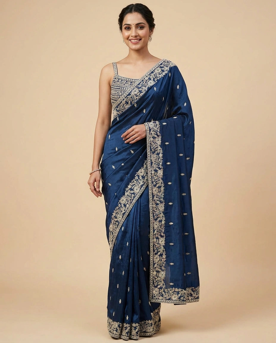 Chinon Embroidered Saree with Scalloped Pallu - Rangoli India