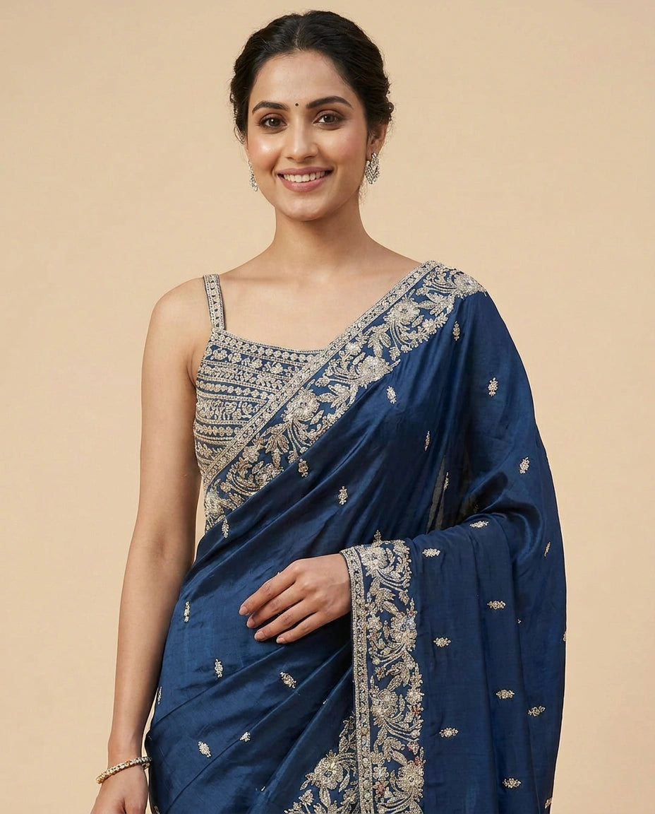 Chinon Embroidered Saree with Scalloped Pallu - Rangoli India