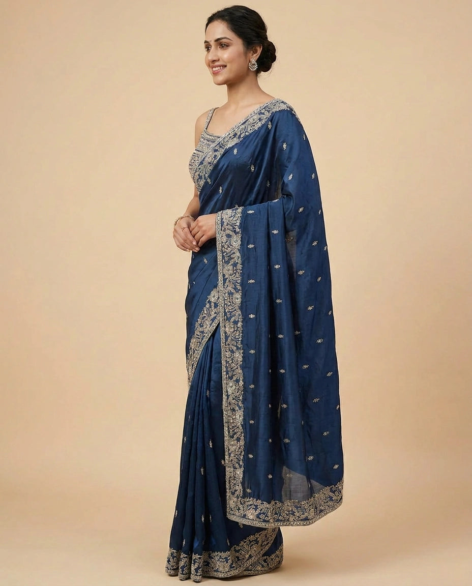 Chinon Embroidered Saree with Scalloped Pallu - Rangoli India