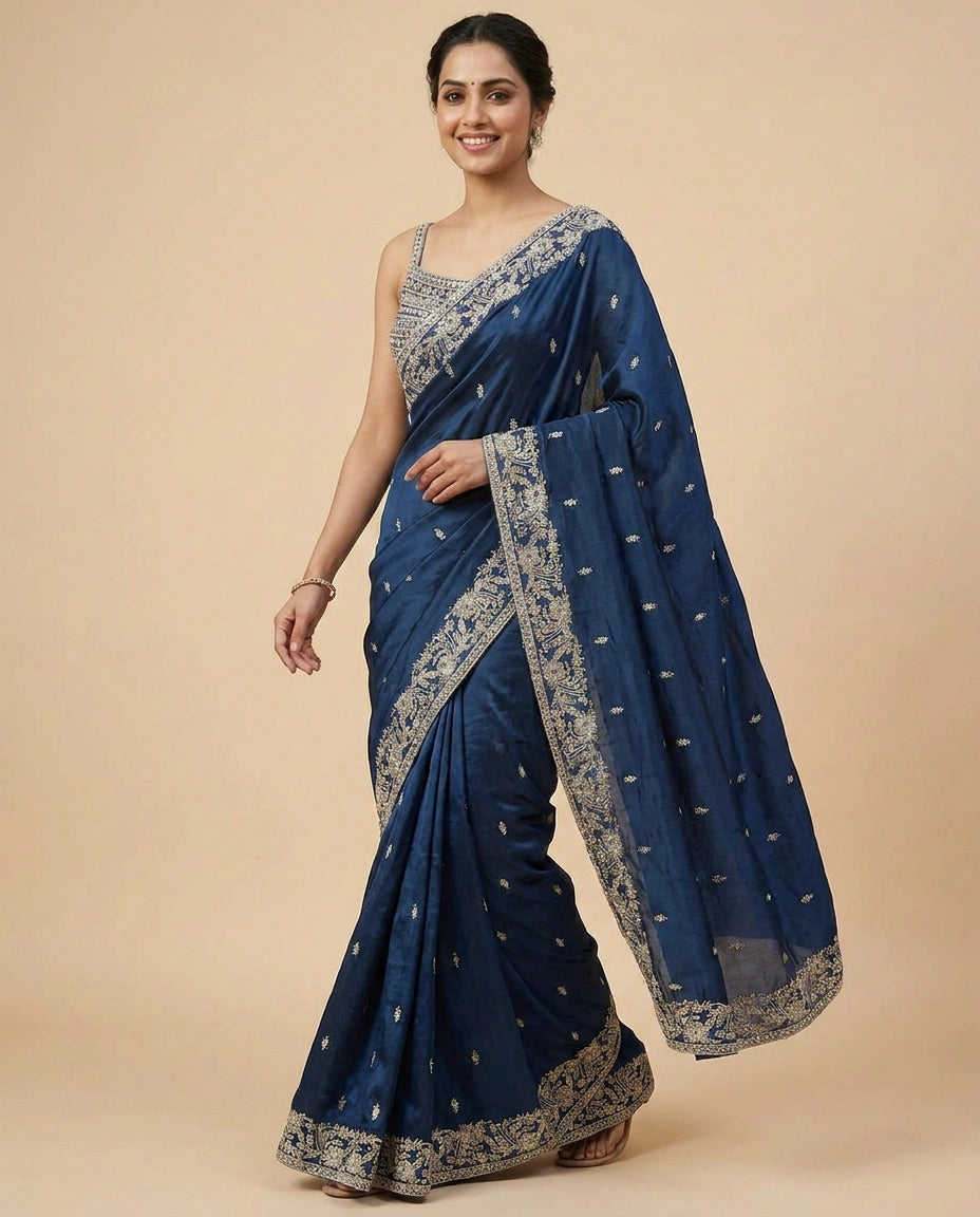 Chinon Embroidered Saree with Scalloped Pallu - Rangoli India