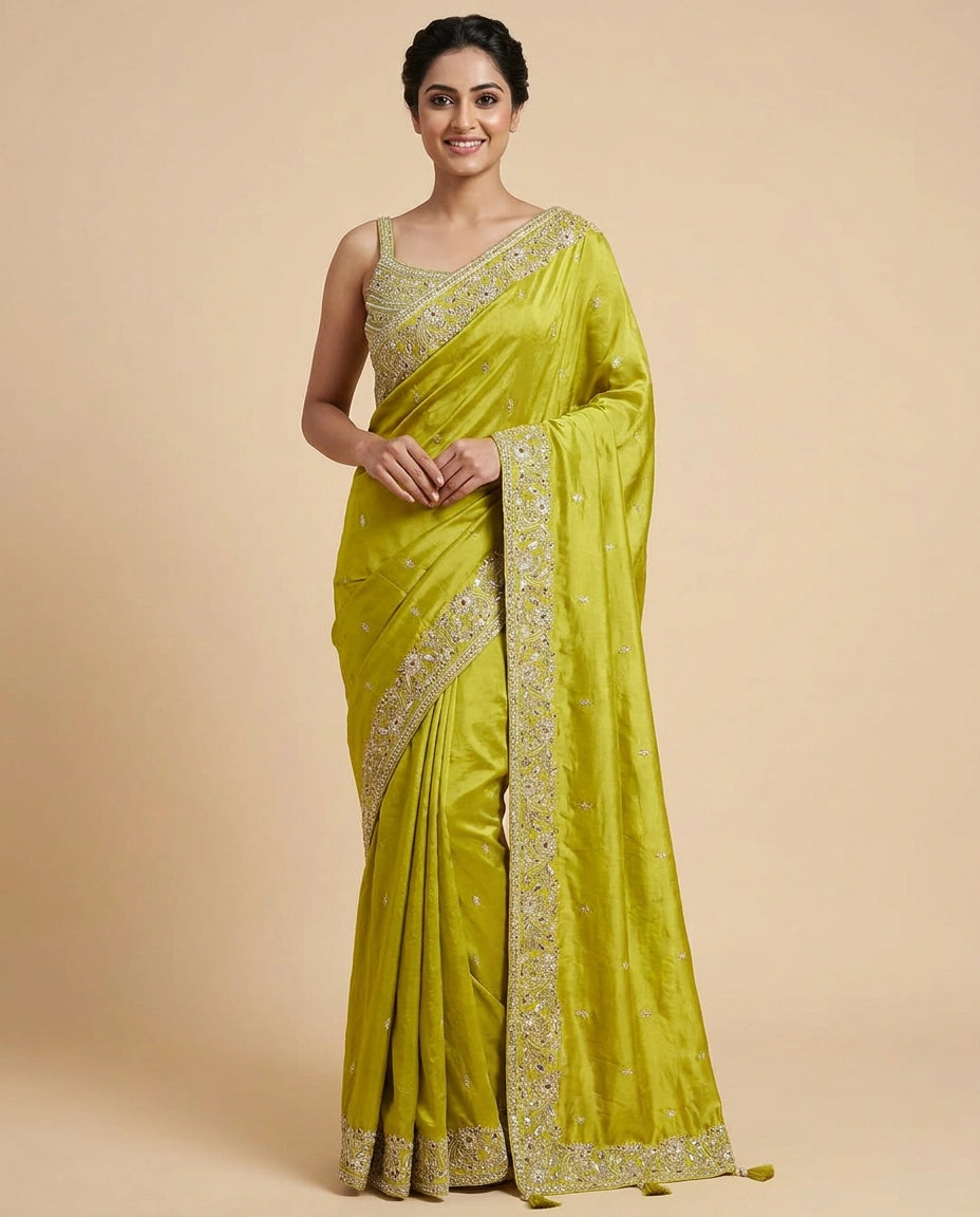 Chinon Embroidered Saree with Scalloped Pallu - Rangoli India