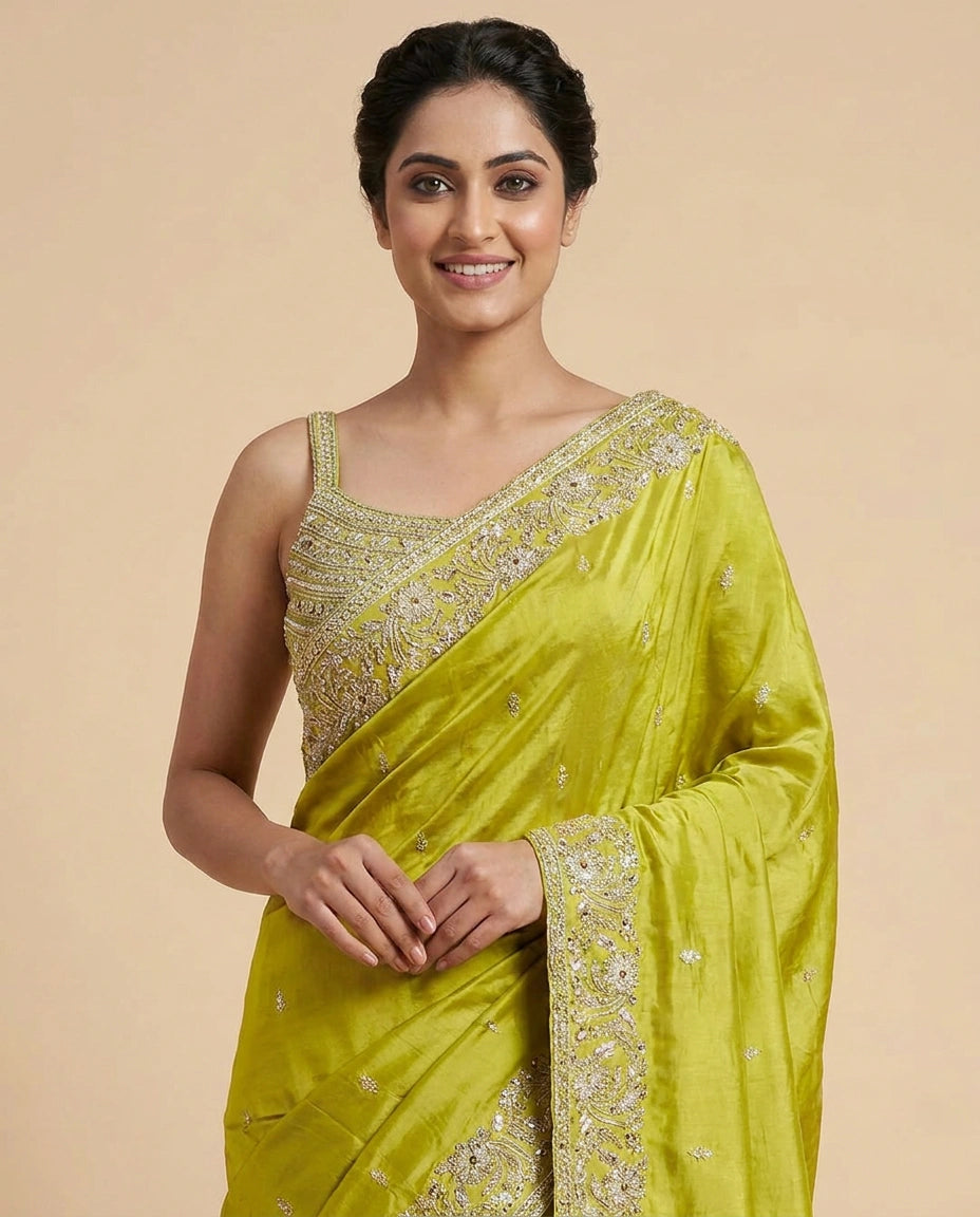 Chinon Embroidered Saree with Scalloped Pallu - Rangoli India