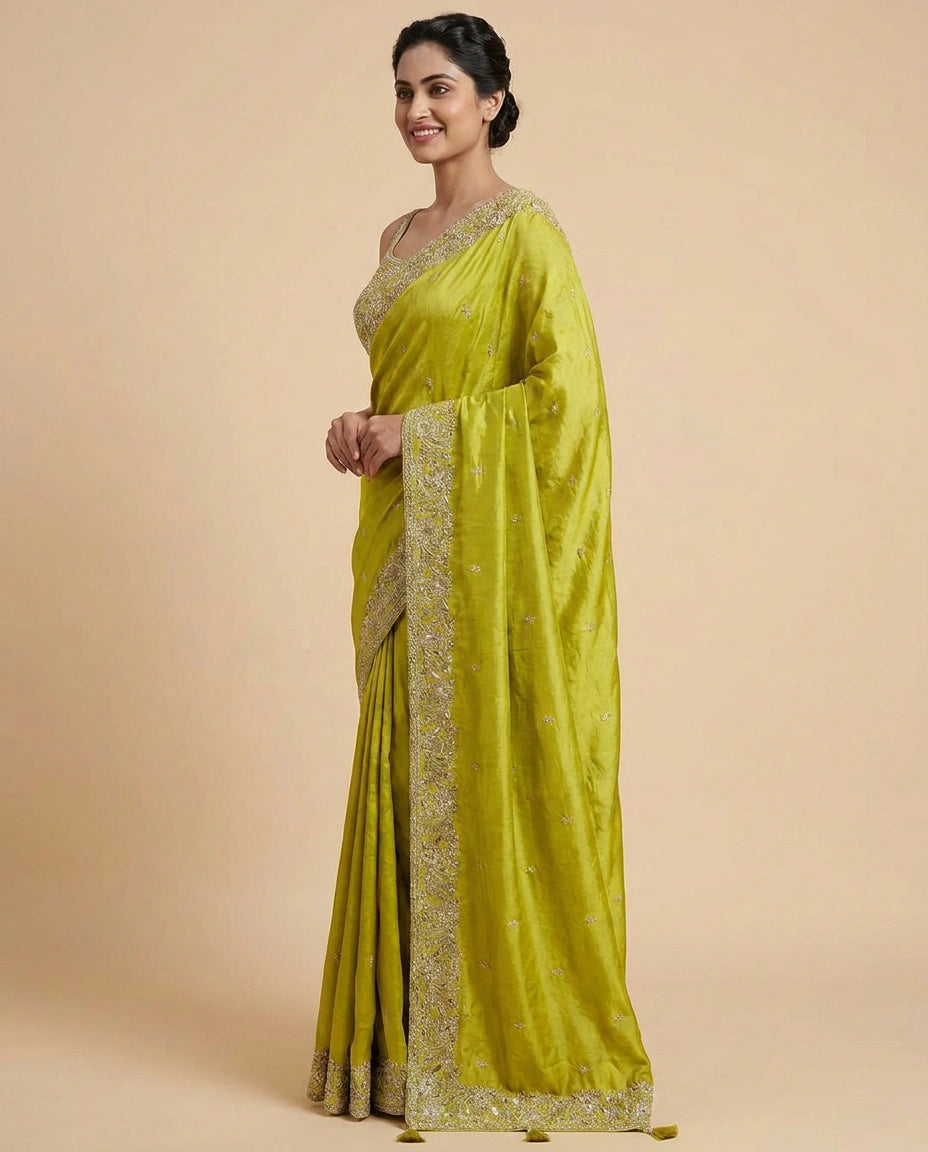 Chinon Embroidered Saree with Scalloped Pallu - Rangoli India