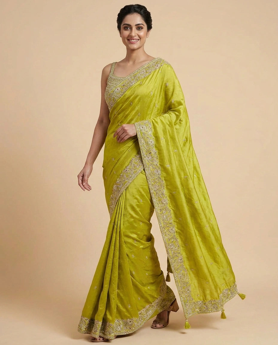 Chinon Embroidered Saree with Scalloped Pallu - Rangoli India
