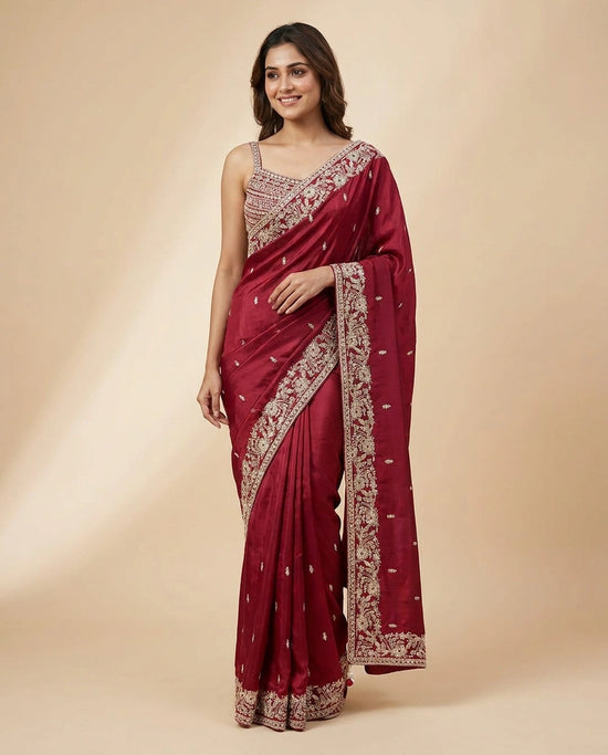Chinon Embroidered Saree with Scalloped Pallu - Rangoli India