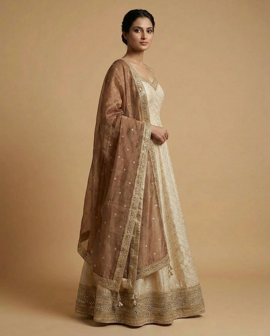 Tissue Anarkali Gown with Embroidered Flared Silhouette - Rangoli India